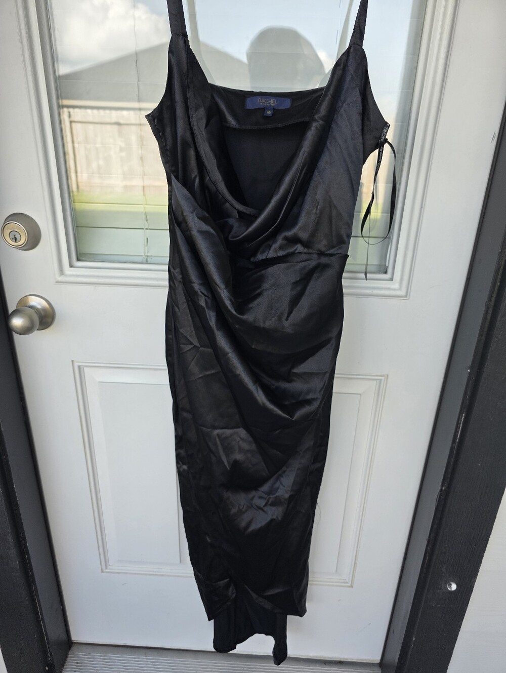 Rachel Roy Black Satin Dress Size L Midi Slip Cowl Neck Spaghetti Strap Evening - Picture 4 of 9